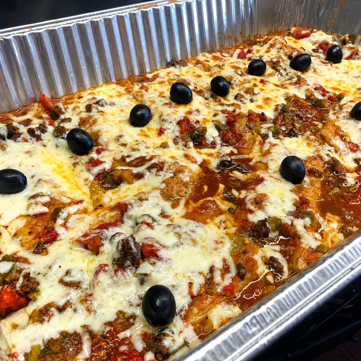 Catering pan of enchiladas covered with cheese, sauce, and black olives