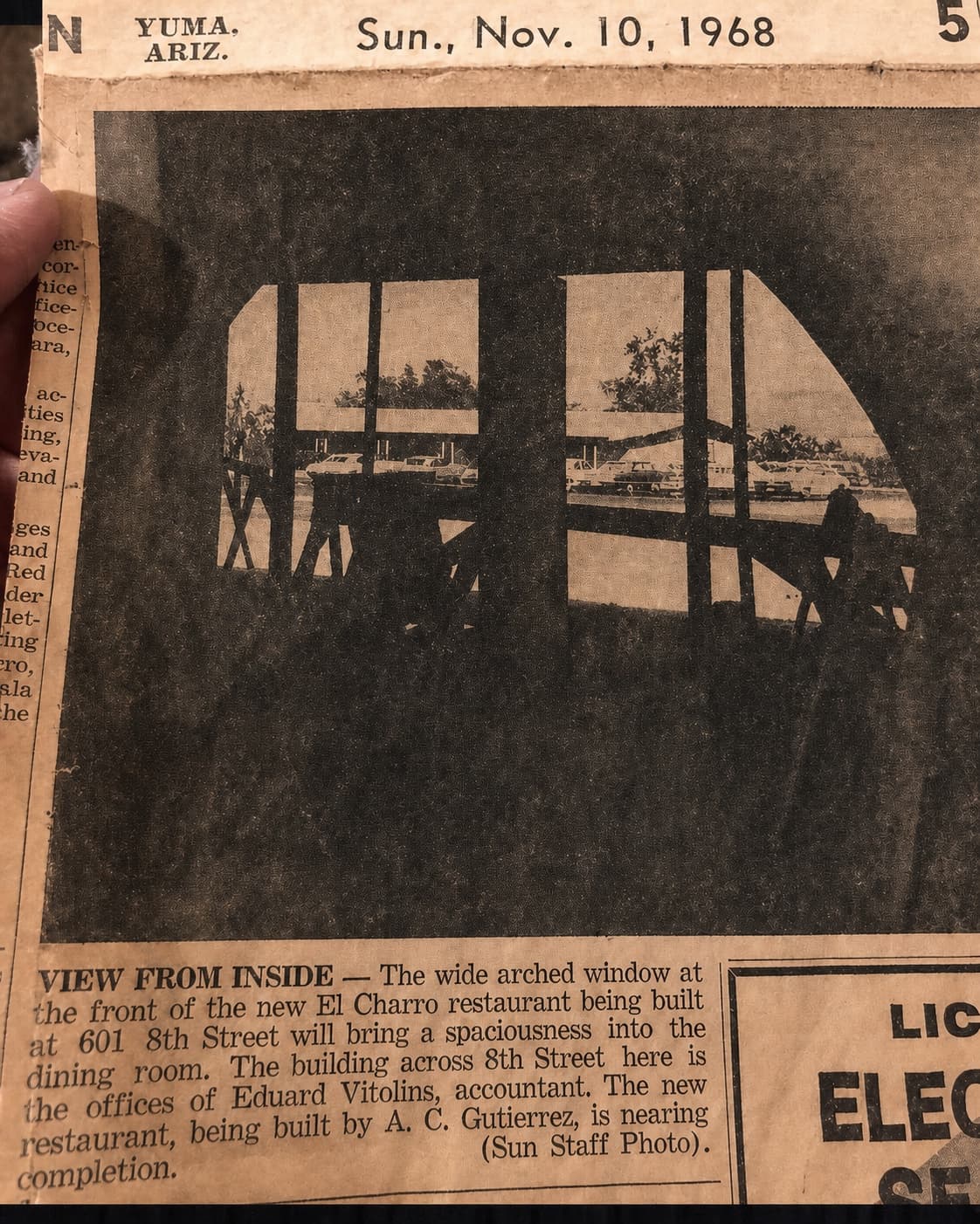 1968 newspaper clipping showing the front arched window of the new El Charro restaurant under construction at 601 W 8th Street