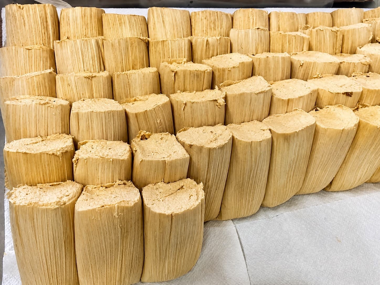 Rows of handmade tamales prepared in corn husks