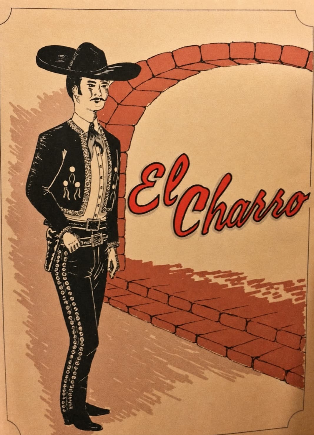 Vintage El Charro menu illustration with charro figure and red arch
