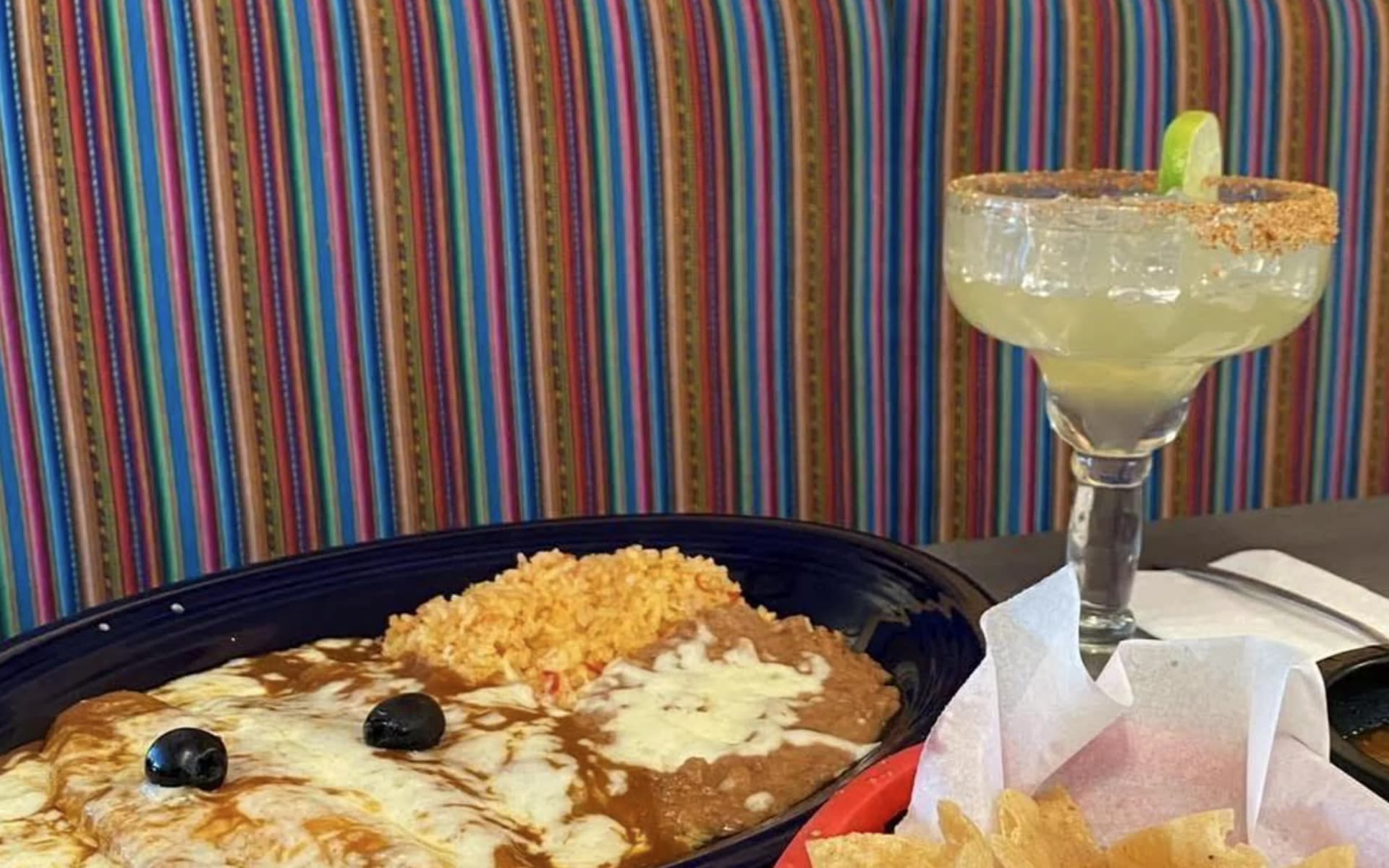 enchiladas with beans and rice and margarita
