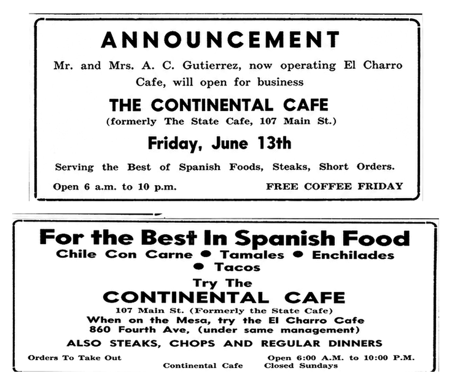 Newspaper advertisement announcing the Continental Cafe