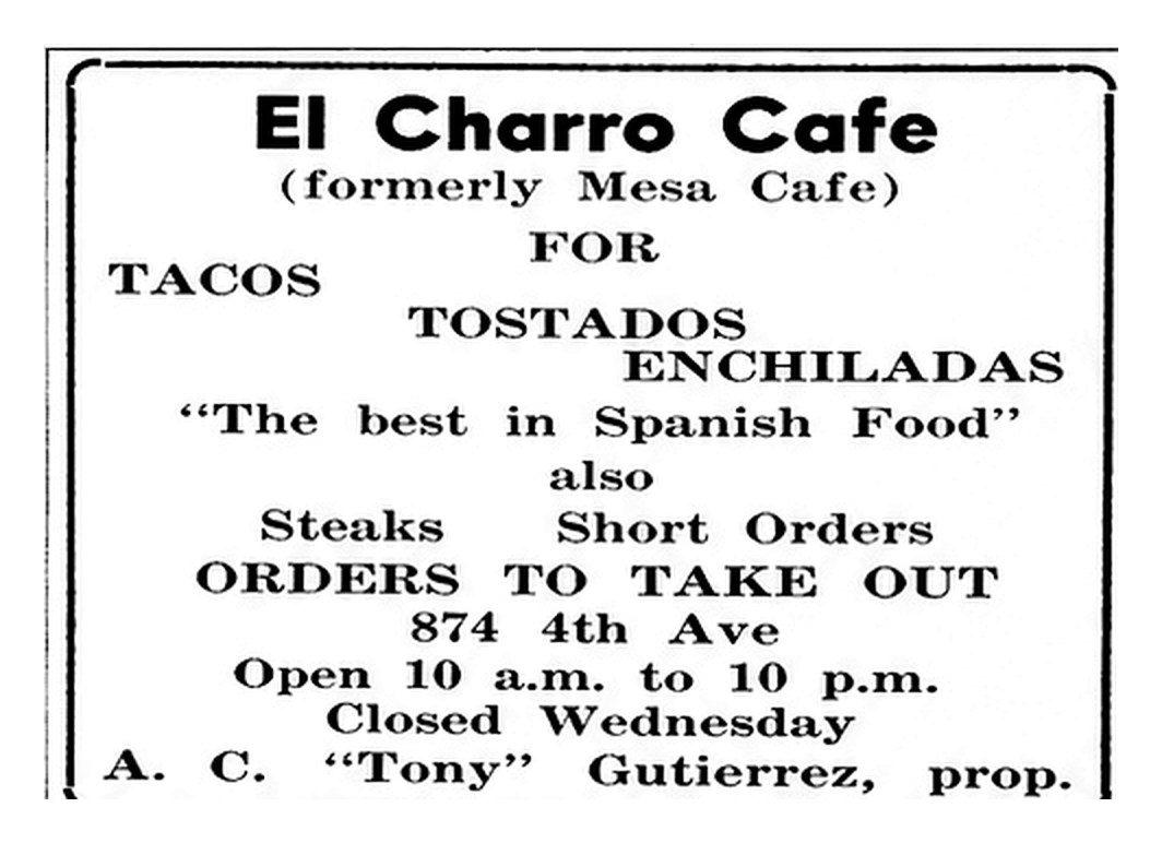 Newspaper advertisement for El Charro Cafe formerly Mesa Cafe