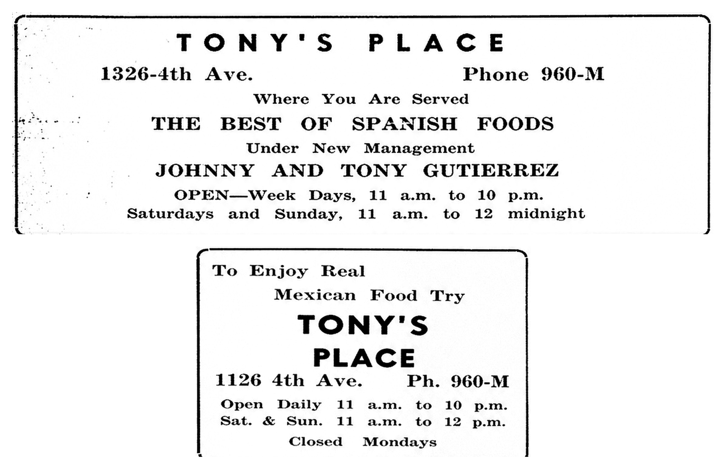 Newspaper advertisement for Tony's Place on 4th Avenue